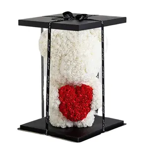 Light Luxury Tall Clear Plastic Preserved Flower Rose Bear Box