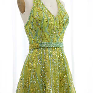 Abiti da Sera Arabi di Lusso <span class=keywords><strong>con</strong></span> Perline Verde Limone, Halter Asimmetrico, Abiti da Cerimonia per Donne di Dubai Lsz472-1 - Product Image 4