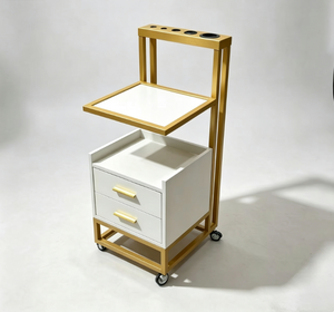 Chariot de Salon Mobile Simple avec 5 Emplacements pour Outils, 2 Tiroirs, Doré et Noir, Chariot Roulant pour Coiffeur, Barbier, Spa - Product Image 1
