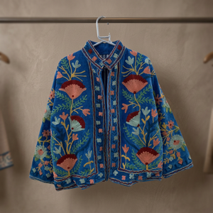 Handmade Blue <b>Velvet</b> Suzani Embroidered <b>Jacket</b> <b>Women</b> Vintage Floral Kashmiri Coat Open Front Ethnic Boho Winter Kimono <b>Jacket</b> - Product Image 4