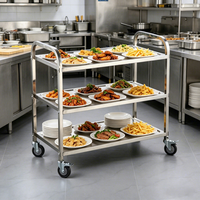 Chariot de cuisine central à tubes carrés détachables en acier inoxydable, chariot de service alimentaire à 3 étagères en acier
