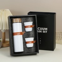 Ensemble cadeau de luxe haut de gamme : Bouteille isotherme en acier inoxydable 500 ml avec 2 tasses, couvercle élégant effet bois, logo personnalisé, cadeau d'affaires