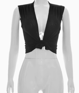 Viviblook C26TP090 Top Corto de Verano para Mujer, Sexy, Casual, Color Sólido, Corte Ajustado, Escote en V Profundo, con Nudo, para Damas - Product Image 3