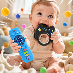 Ensemble <span class=keywords><strong>de</strong></span> jouets <span class=keywords><strong>de</strong></span> dentition 2-en-1 pour bébé : Bâtonnet <span class=keywords><strong>de</strong></span> dentition en silicone <span class=keywords><strong>de</strong></span> qualité alimentaire sans BPA et jouet sensoriel à mâcher en forme <span class=keywords><strong>de</strong></span> télécommande - Product Image 6