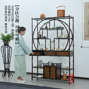 Bamboo Three Drawer Antique Shelf Round Solid Wood Display Cabinet Tea Room Storage Furniture - Product Image 4