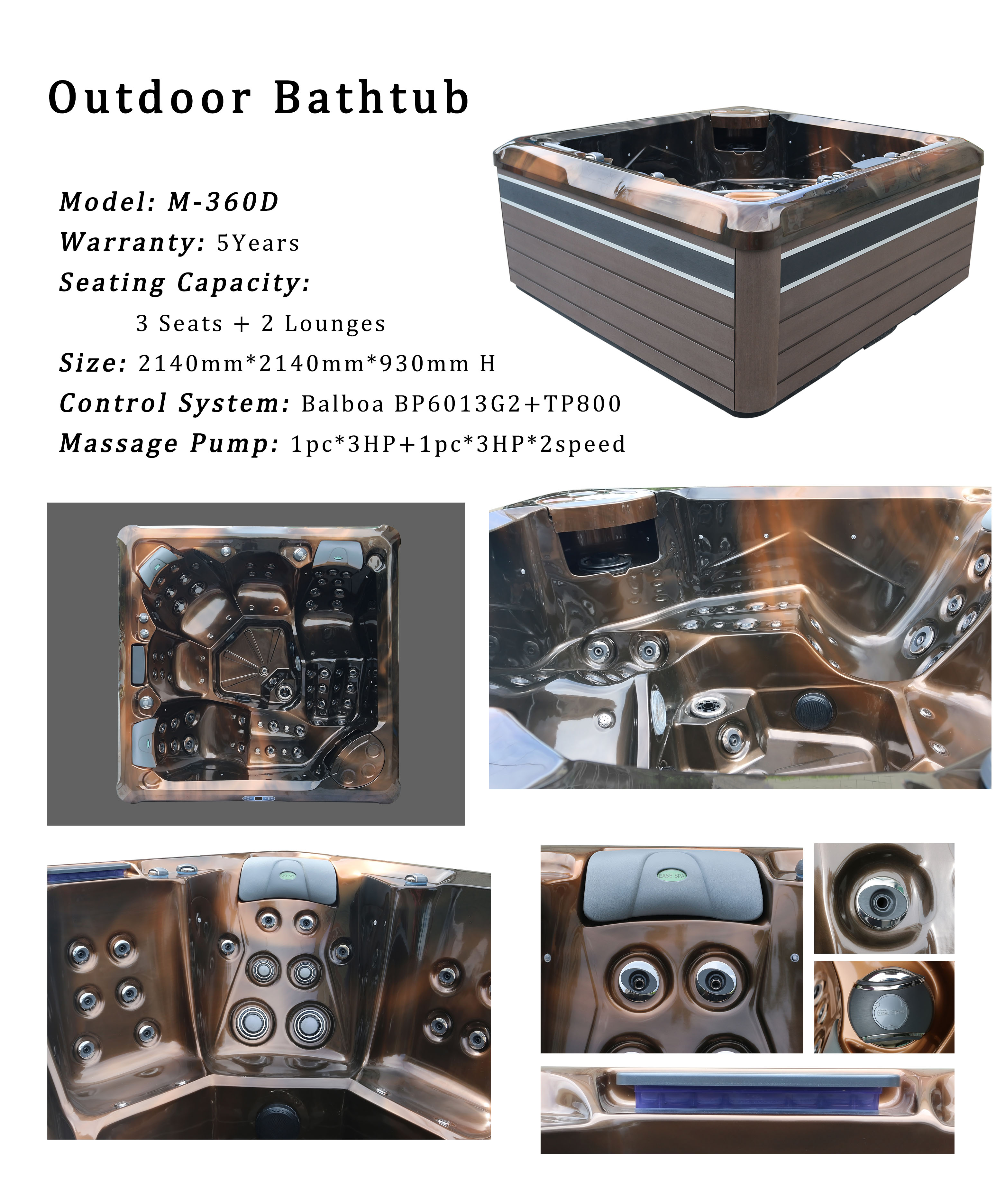 Outdoor Comfortable Hydro Massage Spa Hot Tub Whirlpool Bathtub With 5 Seats