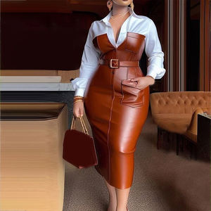 Nuovo Abito Midi Autunnale con Bottoni, Maniche Lunghe, Inserti in <span class=keywords><strong>Pelle</strong></span> PU, Tasche, Aderente, con Cintura e Colletto a <span class=keywords><strong>Camicia</strong></span> per Donna - Product Image 1