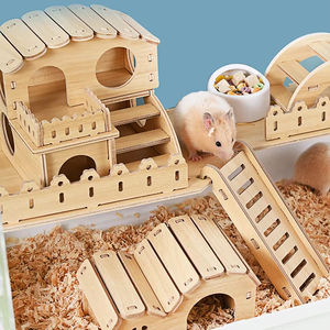 Nouveau Nid pour Hamster en Bois Massif, Petite Maison, Maison d'Évasion pour Hamster Doré, Villa à Double Étage, Balançoire en Bois, Jouet Paysager pour Hamster - Product Image 1