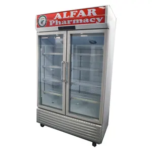 Refrigerador de exhibición vertical con puerta de vidrio doble para supermercado, refrigerador de bebidas delgado con ruedas, congelador personalizado a la venta