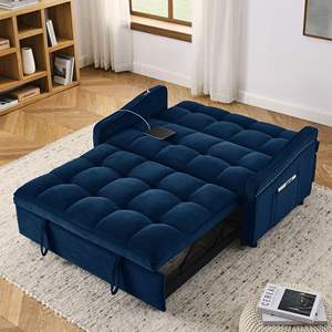 DB Loveseats Convertible Sofa <b>Bed</b> with Pull-Out Feature Adjustable Back Two Arm <b>Pocket</b> Type C USB Charging Blue with Copper Nail - Product Image 5