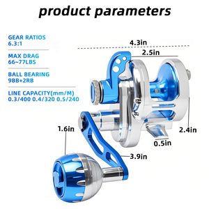 Carrete de Pesca NOVISON Azul, Totalmente Metálico, de Alta Densidad, Resistente a la Corrosión, para Pesca Lenta con Señuelos Artificiales, Relación de Engranajes 6.3:1, para Pesca en Barco en el Océano - Product Image 3