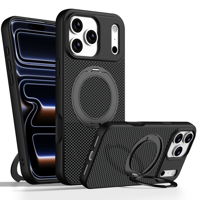 Wholesale Aramid Fiber Case for iPhone 17 18 Pro Max Rotating Magnetic Bracket Military Grade Shockproof Carbon Texture Cover