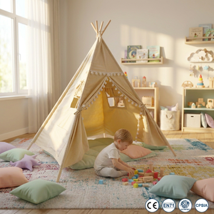 <span class=keywords><strong>Tente</strong></span> <span class=keywords><strong>tipi</strong></span> esthétique scandinave beige pour enfants en toile avec poteaux en bois de hêtre durable et décorations fantaisie à pompons - Product Image 1