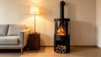 Cheminée électrique populaire pour la maison, avec verre incurvé 3 faces, contrôle par télécommande/application, flamme simulée 3D réglable, autoportante