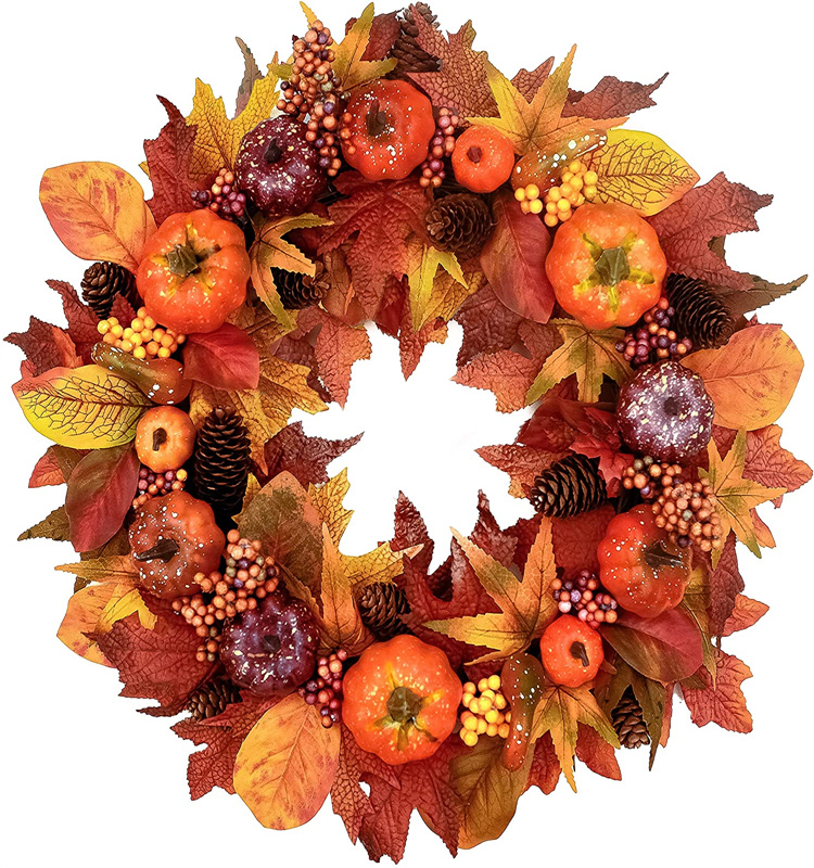 Pumpkin Maples Leaf Pine Cone  Wreath for Halloween Front Door Decoration