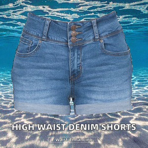 2025 Women Denim Shorts Casual Summer Wear Distressed Hot Pants Loose Fit High Waist <b>Elastic</b> Waist Flare Pockets OEM Service - Product Image 2