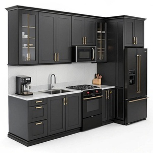 Meubles de cuisine en U en bois massif noir mat Tengce, design moderne et simple, plan de travail blanc, conception personnalisée, décoration sur mesure - Product Image 3