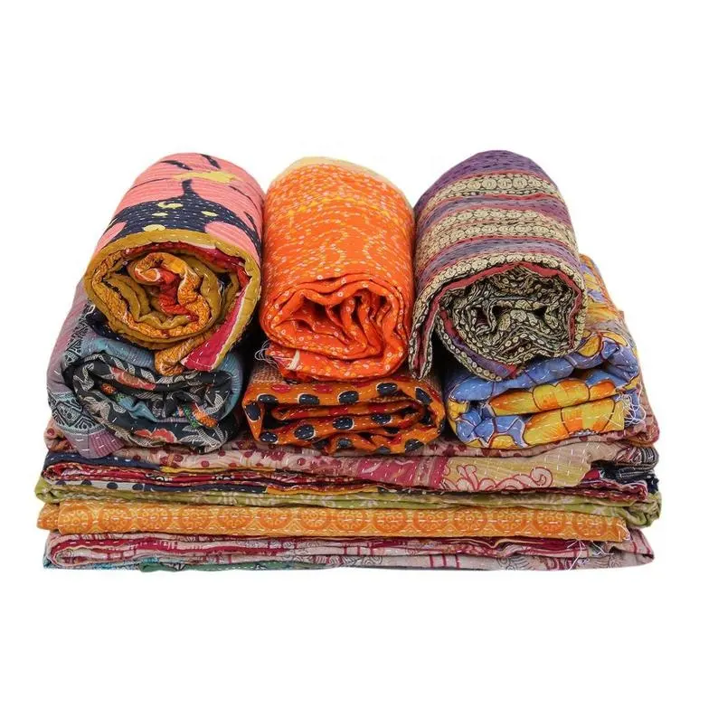 El yapımı yatak örtüsü Kantha yorgan hint geri dönüşümlü Kantha pamuk kumaş el yapımı Patchwork yatak yorgan % 100% pamuk ev, otel