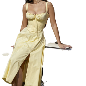 Falda acampanada hasta <span class=keywords><strong>el</strong></span> suelo informal elegante estilo francés para <span class=keywords><strong>mujer</strong></span> europea <span class=keywords><strong>americana</strong></span> Vestido con tirantes divididos 100% poliéster gasa Natural - Product Image 2