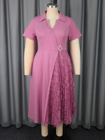 Robe décontractée mi-longue rose AM050511 pour femme, grande taille, à manches courtes, col à revers, patchwork de dentelle asymétrique, coupe trapèze, avec ceinture