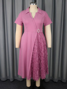 AM050511 collo a manica corta con bavero asimmetrico in pizzo Patchwork rosa a Line formale <span class=keywords><strong>Plus</strong></span> Size abiti Casual da donna con cintura Midi - Product Image 3