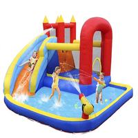 Château gonflable commercial avec piscine à jets d'eau, canon à eau, rouge et bleu, en PVC anti-UV, combo pour location de fêtes d'enfants