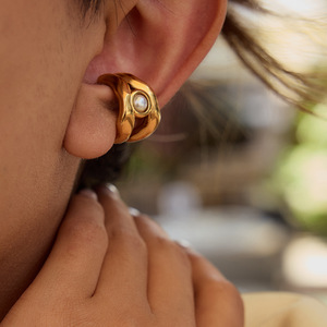 18K Gold Plated High Polished <strong>Ear</strong> Cuff with Twins <strong>Shell</strong> Pearl Fashion <strong>Drop</strong> Earrings - Product Image 1
