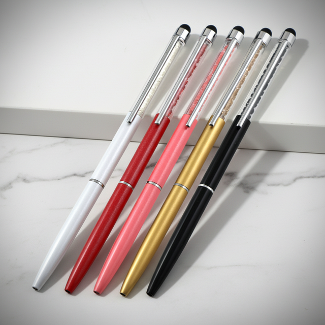 Slim Long Crystal Diamond Glitter Powder Ballpoint Pen Capacitive Touch Screen Stylus Metal Pen for Office & School