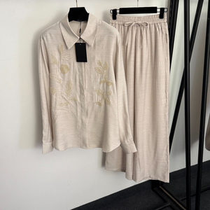 Ensemble décontracté en lin pour <span class=keywords><strong>femme</strong></span> : Chemise à manches longues ornée de perles et de fleurs + <span class=keywords><strong>Pantalon</strong></span> large à <span class=keywords><strong>taille</strong></span> élastique - Product Image 2
