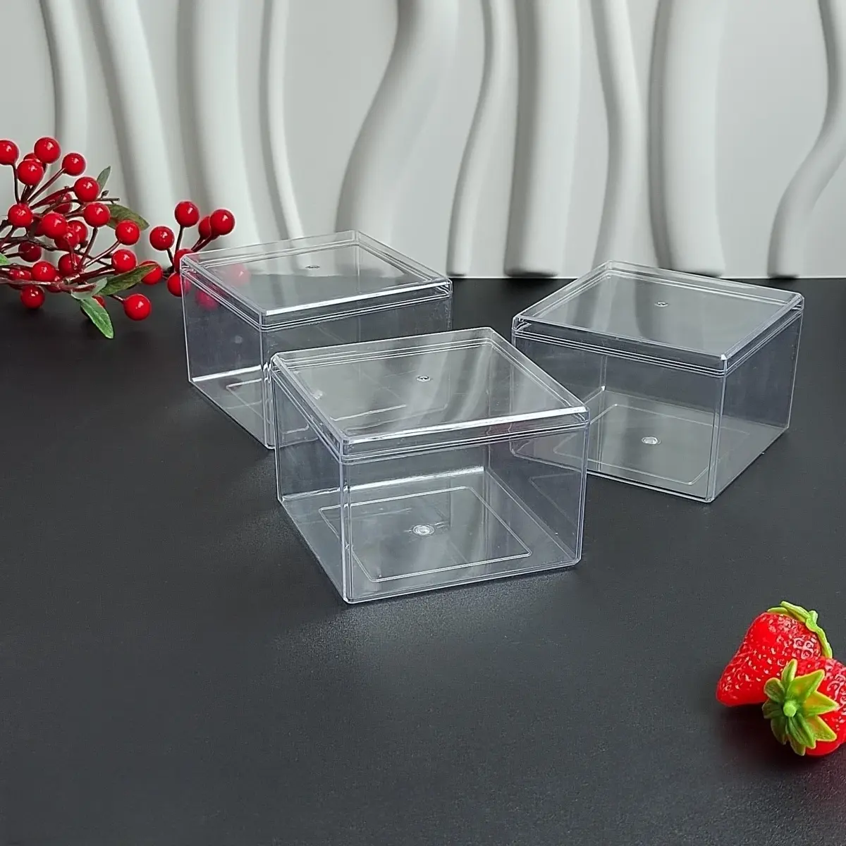 صندوق شفاف مربع مربع صندوق حلوى بلاستيك صلب لتعبئة الطعام صناديق Ps