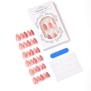 Faux ongles à presser courts en amande pour la Saint-Valentin, faits main, rose œil de chat, nœud métallique, petit cœur, en gel souple, pour les rendez-vous, vente en gros - Product Image 4