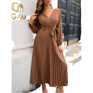 Europa Venta caliente de las mujeres de la nueva moda de manga larga con cuello en V vestido plisado elegante Casual Color sólido cinturón de encaje para el verano - Product Image 1
