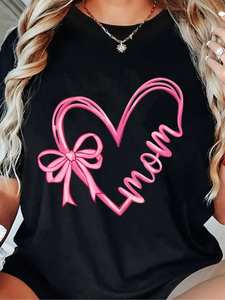 T-shirt Vintage da Donna con Cuore e Fiocco, Stampa Floreale Nera e Rosa, Manica Corta, Girocollo, Casual, Regalo Festa della Mamma, Jersey per Tutte le Stagioni - Product Image 3