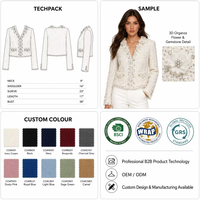 Jaket Mantel Wol Tipis Wanita Musim Semi Warna Putih Gading Dekorasi Bunga 3D Berumbai Kerah V Kancing Berlian Elegan