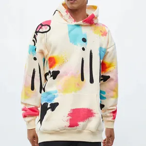 Custom Spray Paint Print Pull Over Streetwear Beige Hoodie Voor Mannen