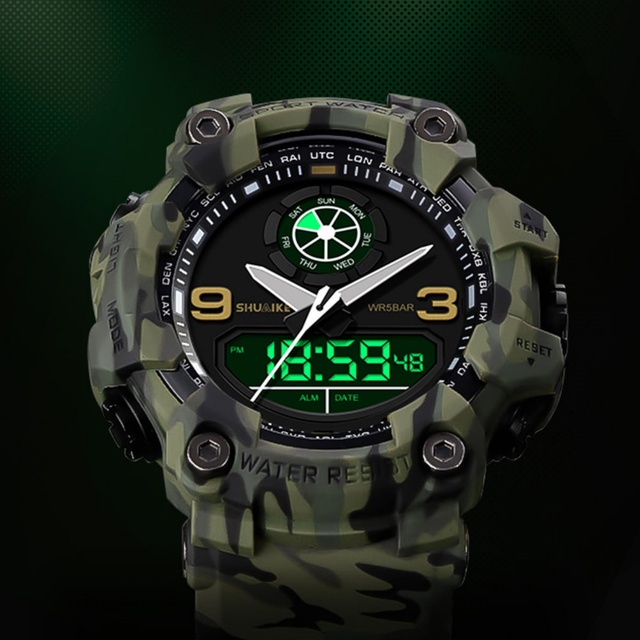 Men Electronic Watch Analog Digital Watch Waterproof 5ATM Luxury Sports Digital Watch Alarm Chronograph LED Display