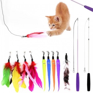 <b>Cat</b> Teaser Toy With Replaceable Feather Head Extendable Rod <b>Plush</b> Interactive Pet Play Set For <b>Cats</b> - Product Image 1