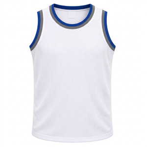 Maillot de basket-ball blanc sans manches pour homme, en mesh, avec bordure bleu-gris, uniforme sportif personnalisé - Product Image 1