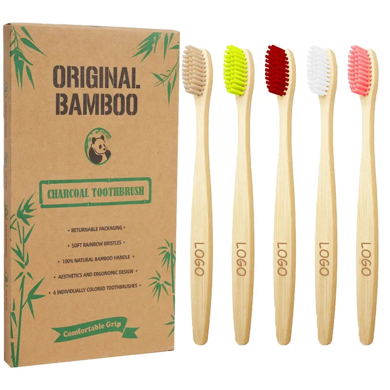 Penjualan paling laris grosir sikat gigi bambu bulat organik Super lembut untuk anak-anak dengan casing dan dudukan Unik Ramah Lingkungan