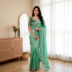 Prayosha Export Heavy Embroidered <b>Saree</b> Set Soft <b>Satin</b> Fabric Ready Made Blouse Lace Border Traditional Dress Wedding Party - Product Image 1