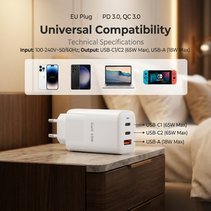 Chargeur de voyage compact GaN 65W à 3 ports (double Type-C, simple <span class=keywords><strong>USB</strong></span>-A) avec prise UE, blanc, pour ordinateur portable – Vente en gros - Product Image 6