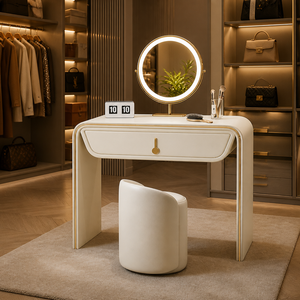 Table de toilette de luxe en bois massif, couleur crème, pour chambre à coucher, table de maquillage moderne minimaliste en cuir PU avec rangement - Product Image 5