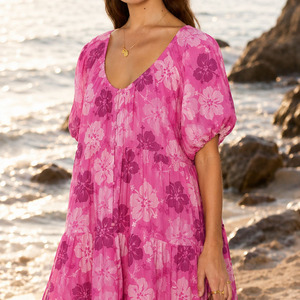 Vestido Casual de Lujo con Estampado Hawaiano, Hombros Caídos y Botones al Frente, 100% Lino y Algodón de Alta Calidad, Estilo Playero, Personalizable (OEM) - Product Image 4