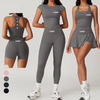 Ensemble de sport 5 pièces pour femme : soutien-gorge de sport réversible taille haute, jupe, t-shirt d'entraînement, leggings de yoga, short cycliste – Idéal pour la gym et le fitness