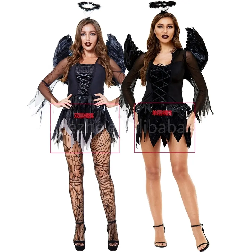 ZHEZHE adulti Costume di Halloween Cosplay Dark Angel Outfit Dress Wings Hair Band donne Sexy vestiti di Halloween vestito con Fishnet S