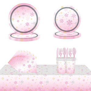 Ensemble de vaisselle de fête flocon de neige rose 40-60 pièces Décorations de Noël et du Nouvel An Respectueuses de l'environnement Assiettes rondes Tasses Serviettes - Product Image 1