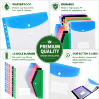 Pochette de classement A4 Premium épaissie 0,20 mm, perforée 11 trous, avec bouton-pression et pochette pour étiquette, pour l'organisation de documents