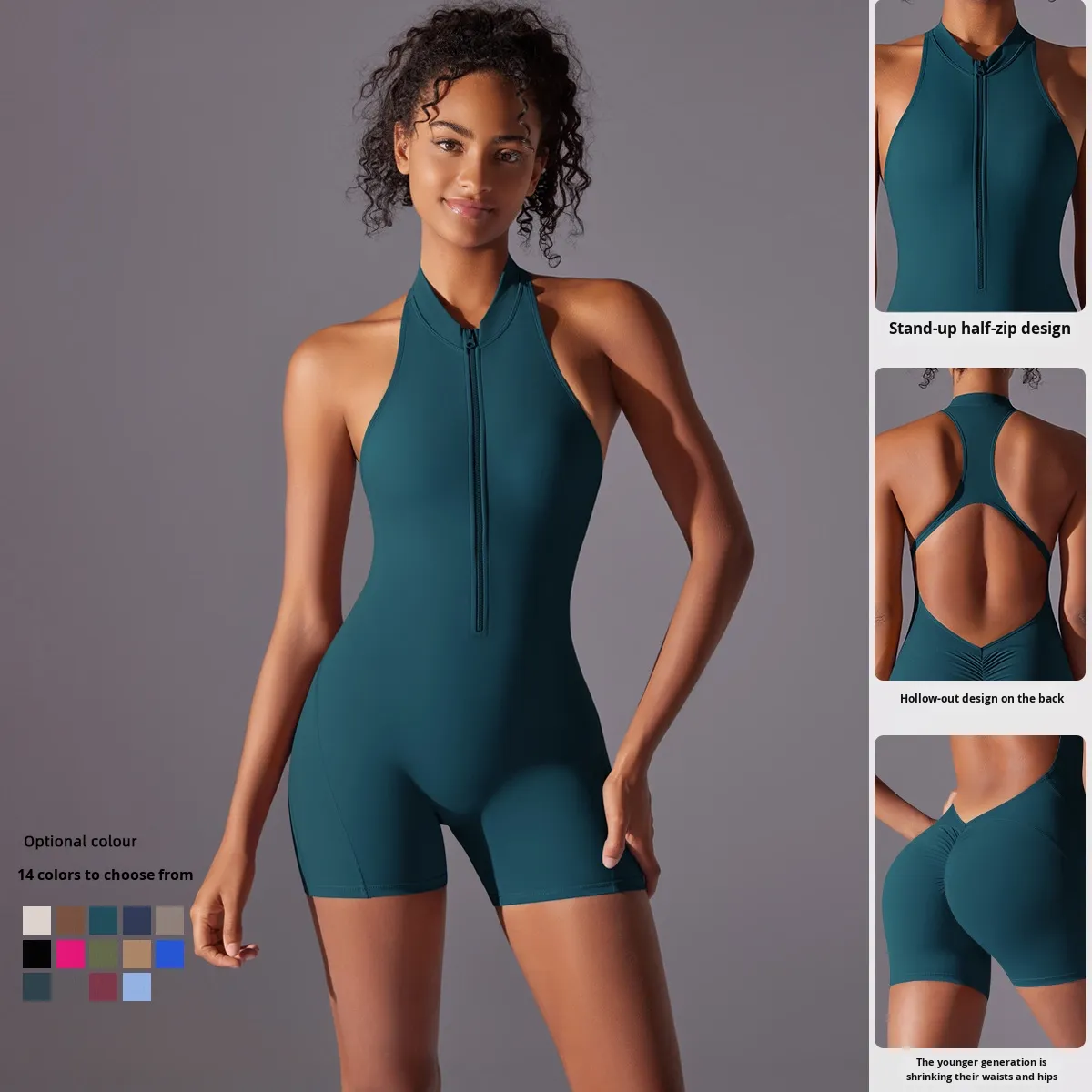 Casual High-Intensity Sports Jumpsuits Beautiful Nude Fitness Jumpsuits Quick-Drying Pleated Butt-Lifting Zipper Solid for Yoga