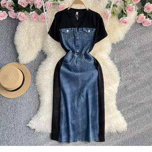 النمط الكوري مزاجه أكمام قصيرة جولة الرقبة الخصر ضئيلة الدنيم الربط فستان على شكل حرف A-خط اللباس عارضة تي شيرت اللباس - Product Image 3