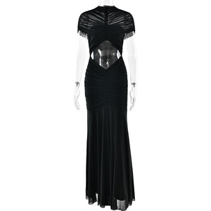 Robe de soirée taille haute, coupe sirène, design court à découpes, couleur unie, empiècements translucides, patchwork tendance - Product Image 5